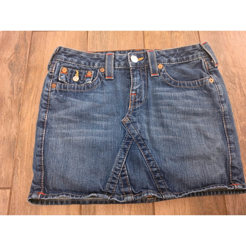 True Religion Sarah Denim Mini Skirt Medium Wash Orange Stitch Y2K Size 27